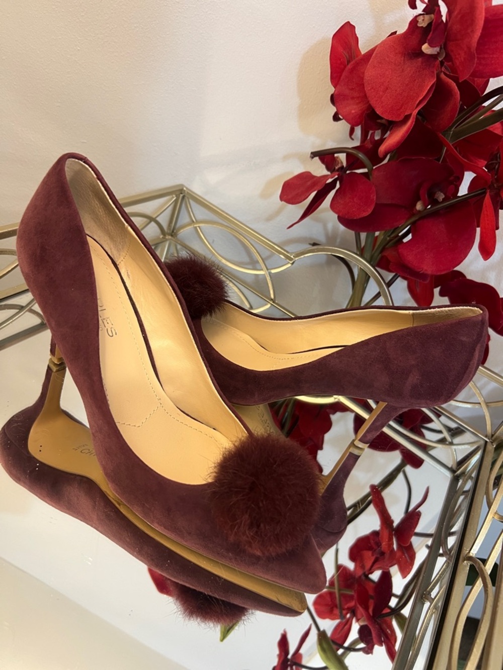 Charles By Charles David Burgundy Suede Pom-Pom Pointed Toe Heels Size 7.5